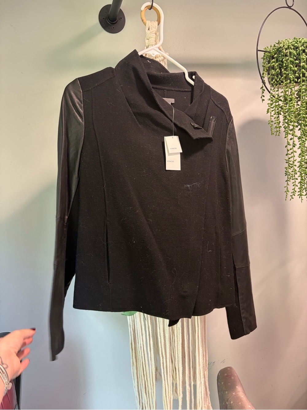 Vince Black Mixed-Media Asymmetrical Zip Jacket